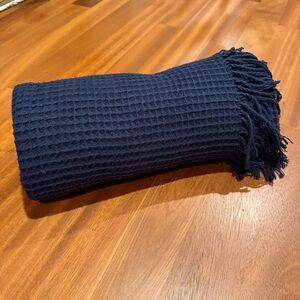 Roca Home Navy Waffle Weave Throw Blanket Fringe Made in Portugal 50x67